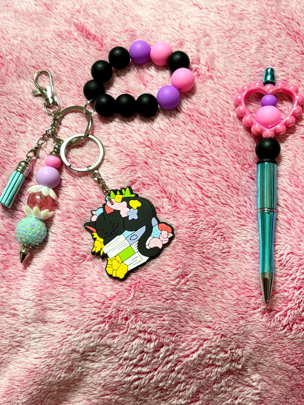 Pink, Purple, Black Beaded Keyring with Floral Cat and Book Charm Keychain & Pen